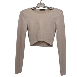 Zara Crop Top Womens S Beige Ribbed Long Sleeve Curved Hem Crew Neck Slim Fit